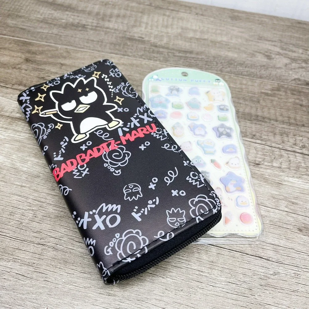 Sanrio Badtz-Maru Zip Around Wallet Black Doodle Print with Puffy Stickers Set